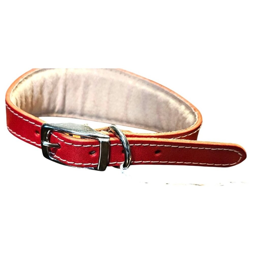 Handmade Leather Dog Collar 20" Adjustable Red w/ White Stitching & Soft Lining - Picture 4 of 7
